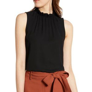 HALOGEN Ruffle Neck Top IN BLACK size M
